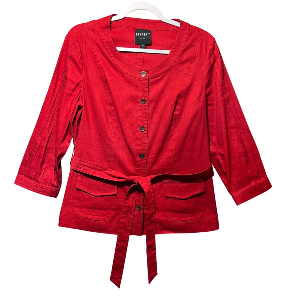 INSIGHT New York Red Linen Blend Button Front Belted Blazer‎ Jacket Size 12